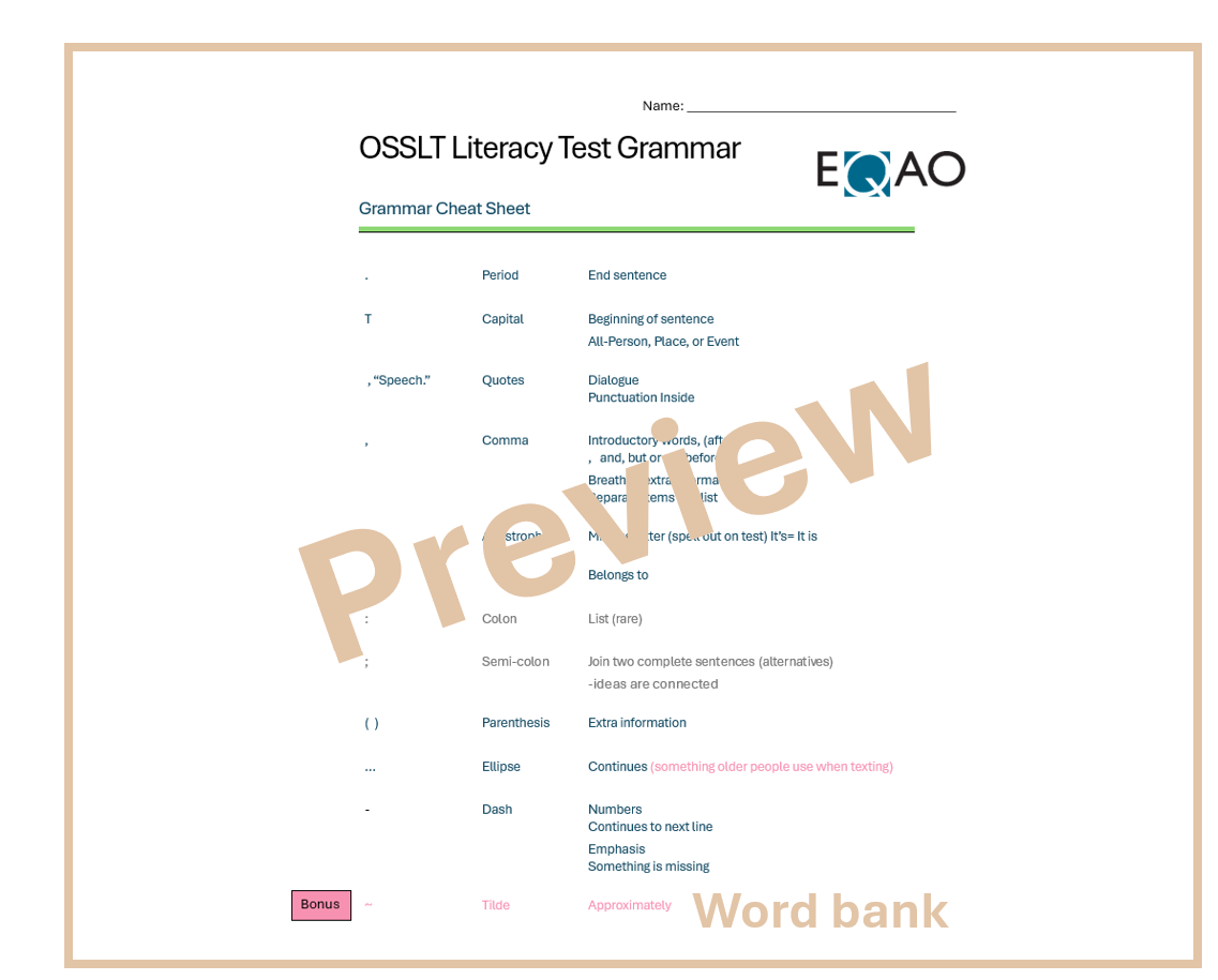 EQAO Literacy test grammar study sheet