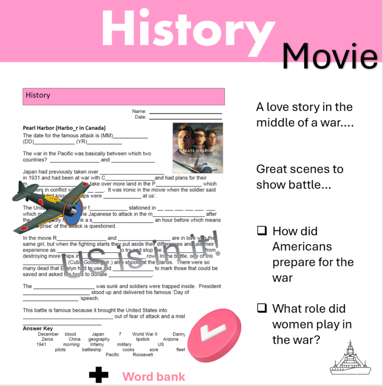 WWII Pearl Harbour movie with word bank